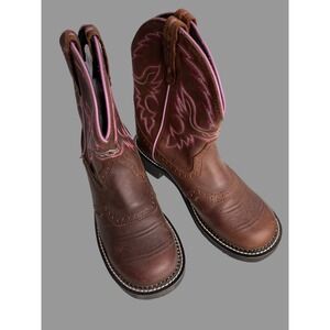 Justin Gypsy Brown Leather Western Boots Pink Stitch 8.5B